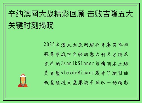辛纳澳网大战精彩回顾 击败吉隆五大关键时刻揭晓